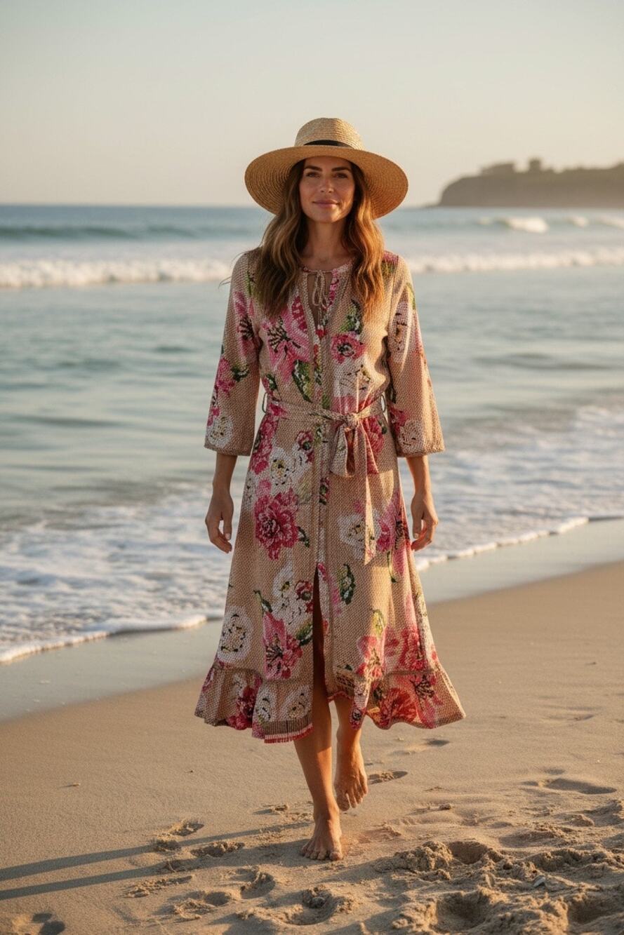 Farm Rio Floral Ruffle and Beaded Linen Blend Dress Multicolor XS NWT